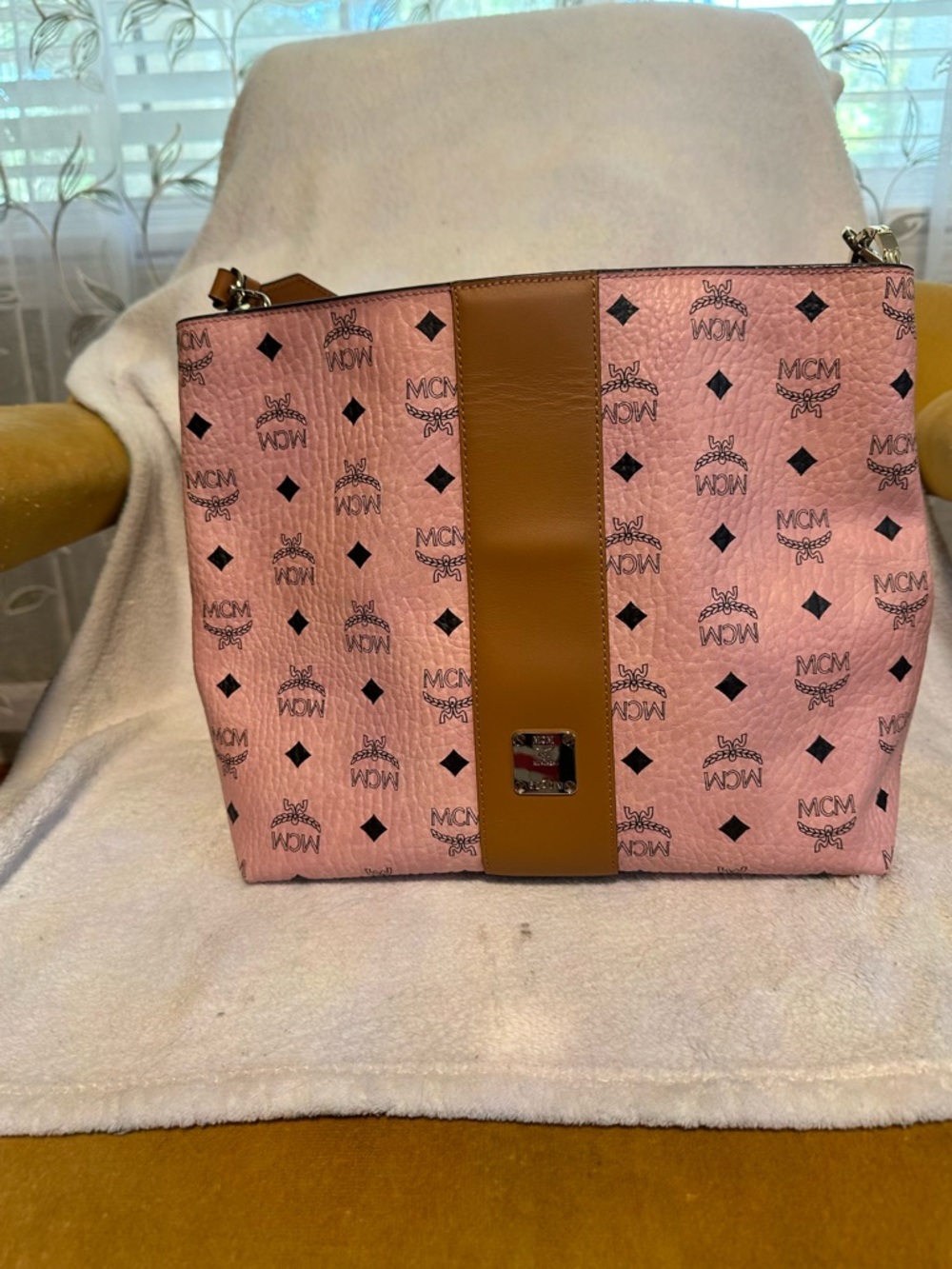 MCM Klara Pink Monogram Shoulder Bag with Tan Center Panel